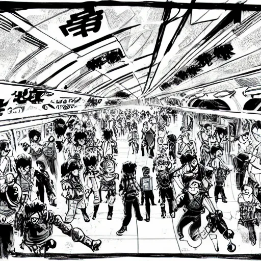 Prompt: illustration of brawl in a neo tokyo subway in the style of kim jung gi