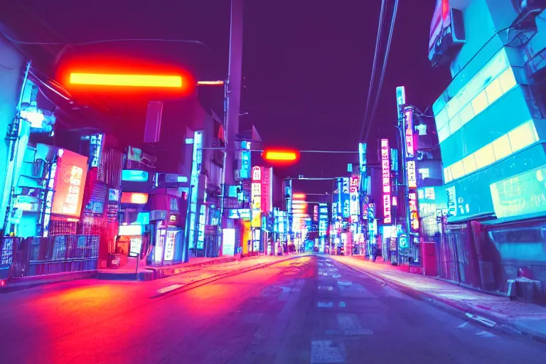 Prompt: neon tokyo street at night futuristic aesthetic matte painting, wallpaper, unsplash, colorful, style of aenami alena, neon blue color, vaporwave,