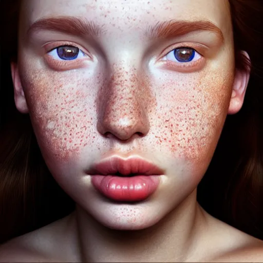 Image similar to beautiful hyperrealism hyperdetailed selfie of a cute young woman, flushed face, red blush, light freckles, puffy lips, soft features, 8 k, sharp focus, art by irakli nadar