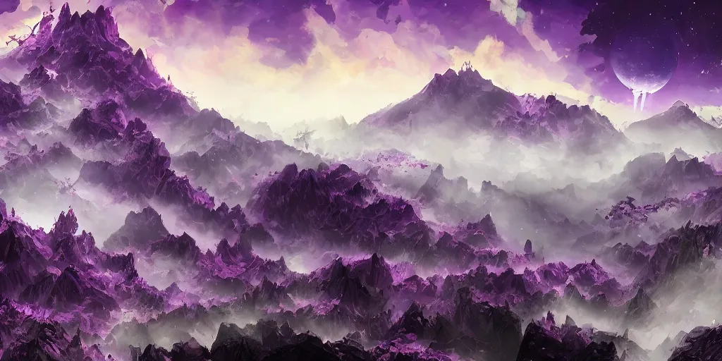 Prompt: purple themed cursed tar crystal mountain landscape, meteor shower, epic, miyazaki style, cinematic, indie, highly detailed, featured on artstation, highly detailed, abstract