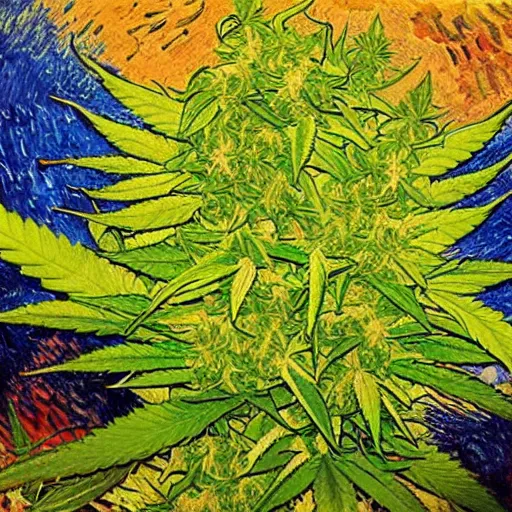 Image similar to jimm kerry spreads his hands against the background of growing cannabis. an oil painting in the style of van gogh