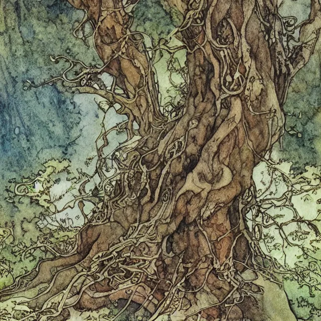 Prompt: a detailed, intricate watercolor and ink portrait illustration with fine lines, of a gnarled tree and mossy ground, by arthur rackham and edmund dulac and ted nutall and mucha