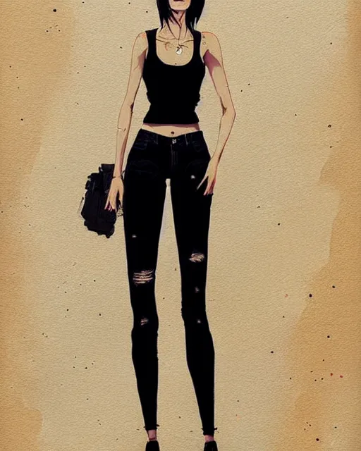 Image similar to a ultradetailed beautiful painting of a stylish woman in black tanktop and jeans, by conrad roset, greg rutkowski and makoto shinkai trending on artstation