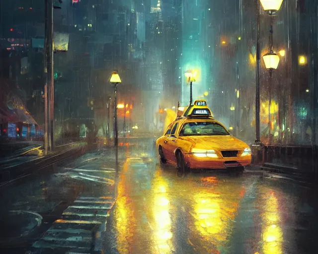 Prompt: a taxi cab driving down a rainy road, gaslight, street lamps. Anime, By Makoto Shinkai, Stanley Artgerm Lau, WLOP, Rossdraws, James Jean, Andrei Riabovitchev, Marc Simonetti, krenz cushart, Sakimichan, trending on ArtStation, digital art.