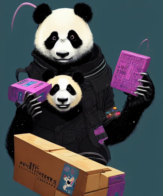 Prompt: a portrait of a cyberpunk panda holding a chinese takeout box, fantasy, elegant, digital painting, artstation, concept art, matte, sharp focus, illustration, art by josan gonzalez