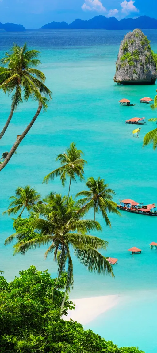 Prompt: koh samui koh krabi crystal clear blue water white sandy beach, 8 k wallpaper, high viewpoint, beautiful lighting, dslr