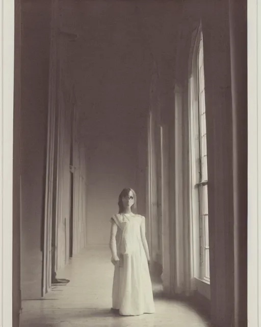 Image similar to a beautiful and eerie illustration of a pretty but horrifying young woman wearing a white dress standing in a vast and empty gallery with blood on the walls, and moonlight shining through the windows, vintage color photograph