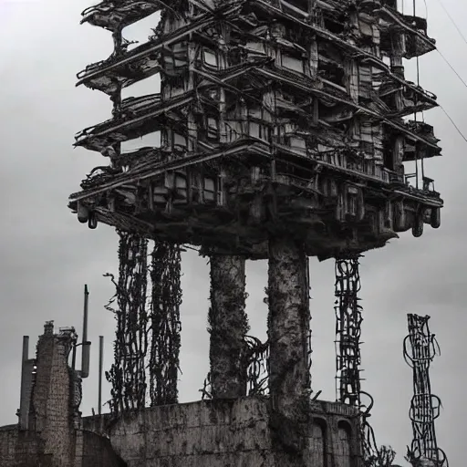 Image similar to giant evil bio-organic fleshy complex machine tower with tendrils and one eyeball at the top looking over a stormy post-apocalyptic wasteland, dystopian art