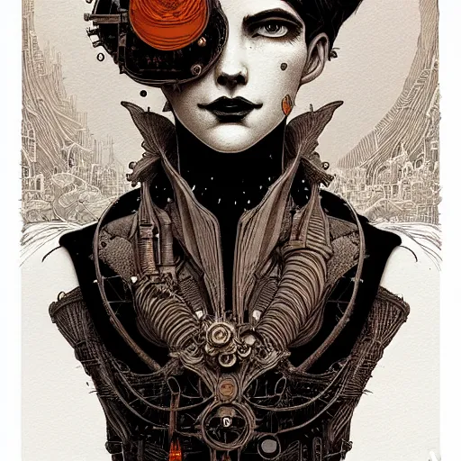 Image similar to portrait top light, by killian eng and joe fenton and martin deschambault and conrad roset, inspired by victorian steampunk, orange and grey only, etching and paint wash, fine sharp high detail,