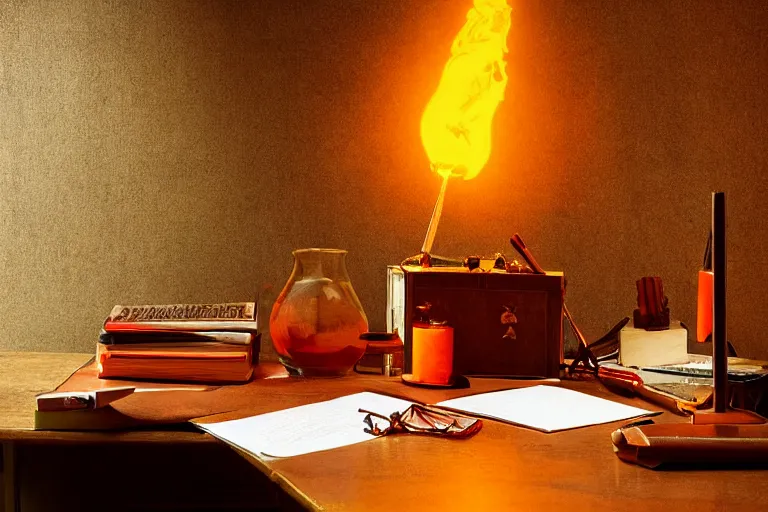 Prompt: office desk with a spilled glowing orange potion, 1 2 th century fantasy photograph