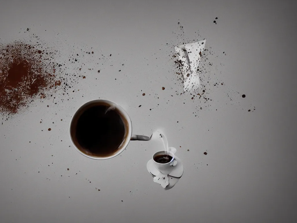 Prompt: 3D art, a coffee cup shattering against a wall, coffee splash, simulation, render, octane render, zbrush, ultra detailed