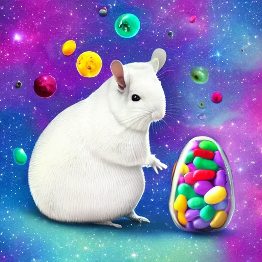 Image similar to chinchilla with mean look in space with galaxy in background pooping rainbox jellybeans, rainbow jellybeans under chinchilla's tail