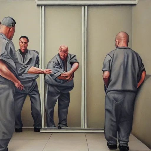 Image similar to hyperrealism painting of prisoners scheming to escape prison while guards are distracted by a fight