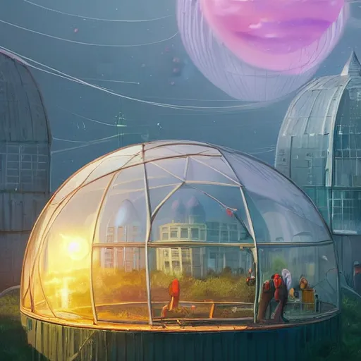 Image similar to A city trapped in a giant transparent dome, bubbles, cinematic lighting, insanely detailed, artstation, cgsociety, painted by Simon Stalenhag, concept art, illustration, sharp focus,