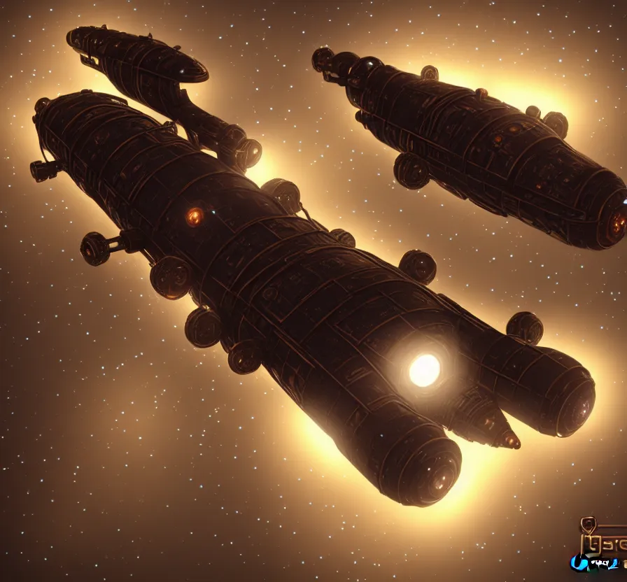 Image similar to symmetric steampunk space ship in dark space, unreal engine, digital