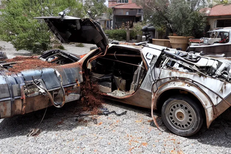 Prompt: rusty, scrap, salvage, junk 1 9 2 2 delorean