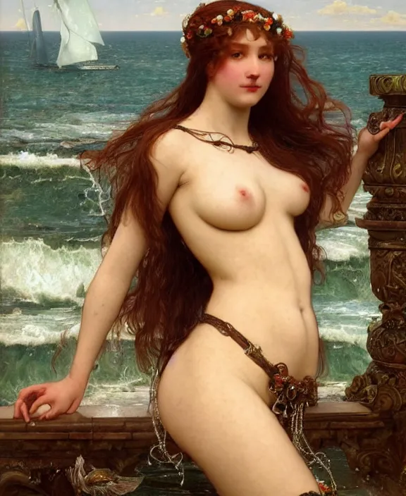 Prompt: a detailed hyperrealistic renaissance mermaid wearing an a intricate beautiful thick leather garters set, honey birdette, realistic renaissance portrait, highly detailed, digital painting, artstation, concept art, smooth, sharp focus, cinematic lighting, art by artgerm and wlop and alphonse mucha and john william godward, john william waterhouse