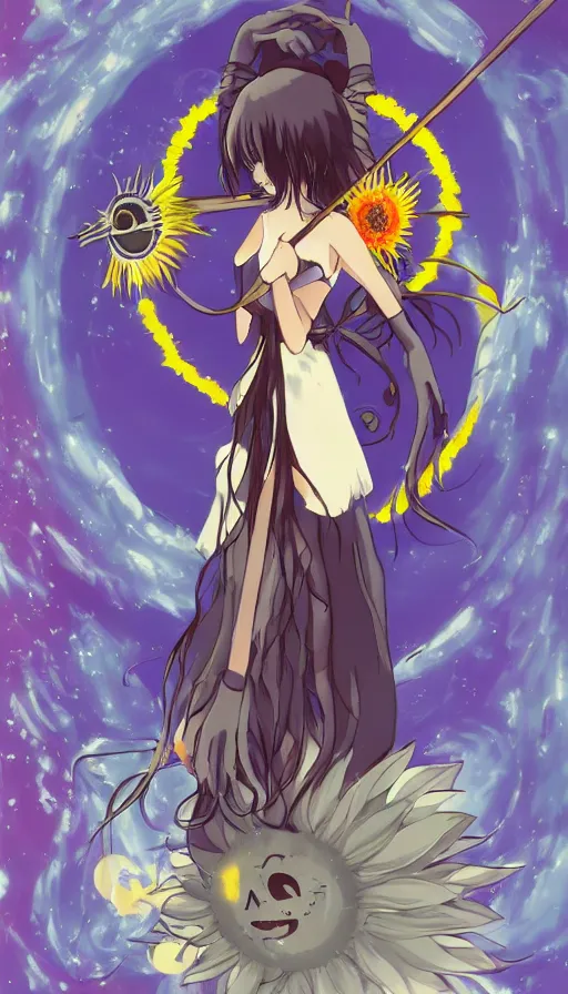 Image similar to the being death as a cute anime girl with a giant cute sun flower scythe from a studio ghibli film inspired by the death tarot card, dark ambiance