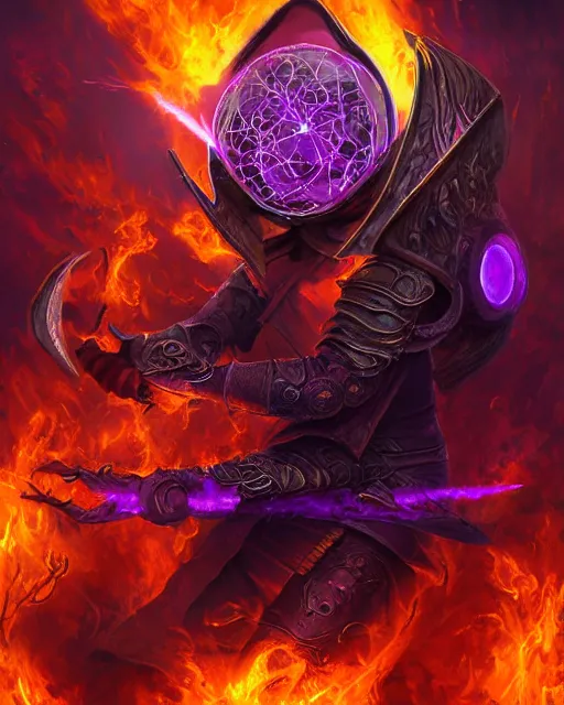 Prompt: pyromancer necromancer cover in purple flames, deep pyro colors, purple laser lighting, award winning photograph, radiant flares, realism, lens flare, intricate, various refining methods, micro macro autofocus, evil realm magic painting vibes, hyperrealistic painting by michael komarck - daniel dos santos