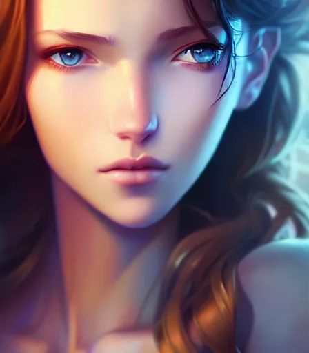 Image similar to beautiful portrait of an insanely gorgeous woman with blue eyes, brown hair and a perfect body, character design by charlie bowater, ross tran, artgerm, and makoto shinkai, detailed, soft lighting, rendered in octane