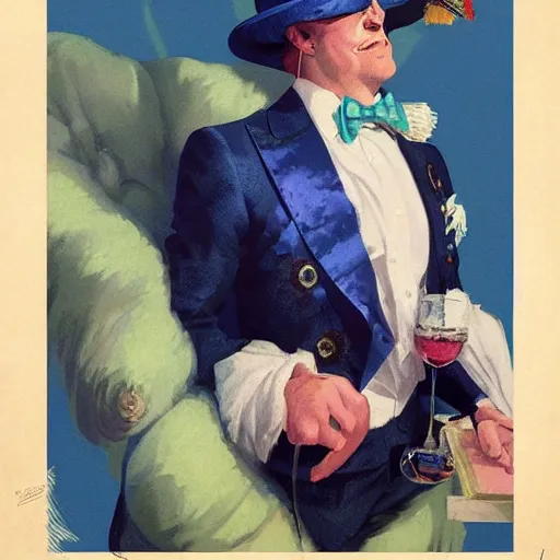 Image similar to an indigo bunting bird wearing a crown and bowtie, he's emperor of the world by greg rutkowski, rossdraws, gil elvgren, enoch bolles, anime, very coherent