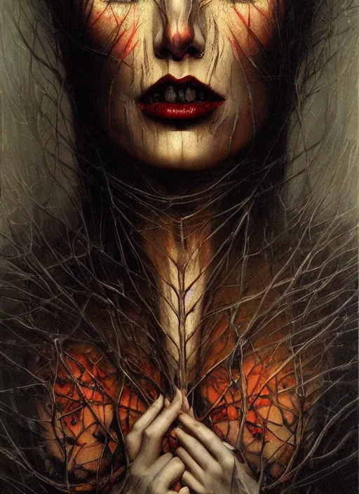 Prompt: mystic cult vampire woman, painted face, dark mystical fearful horror, epic surrealism expressionism symbolism, perfect, by karol bak, louise dalh - wolfe, masterpiece
