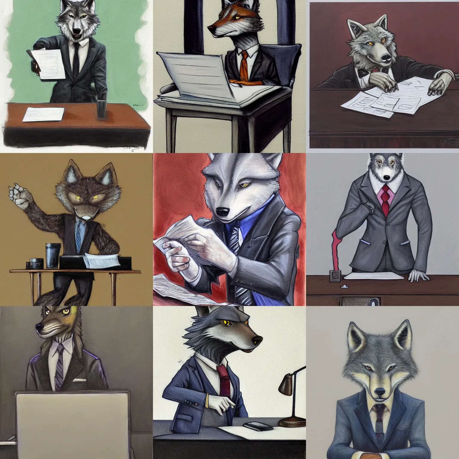 Prompt: iain mccaig painting of an anthropomorphic wolf wearing a suit sitting at a desk doing paperwork, furry art, furry wolf, style of iain mccaig, dynamic pose