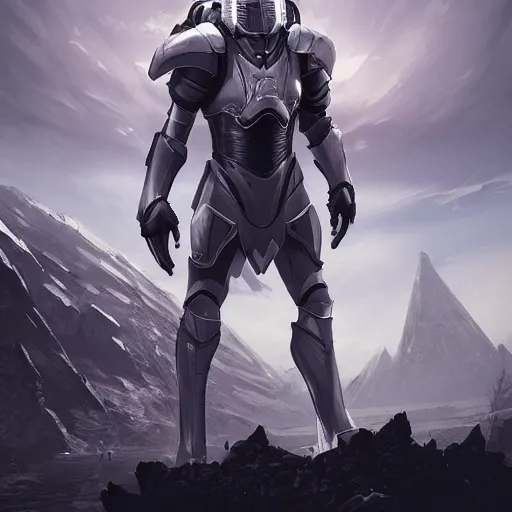 Image similar to futuristic knight, white armor, dramatic view over overgrown planet, trending on artstation