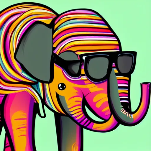 Prompt: a closeup of an elephant wearing shades, in retro colors, synthwave style, 2 d digital vector art