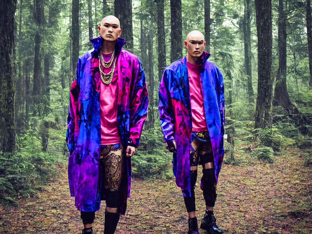 Prompt: versace avant garde male super oversized jacket blue purple red necklace textiles streetwear cyberpunk buff muscle japanese asian man shaved head in the woods overcast late evening dramatic professional color 8 k hdr