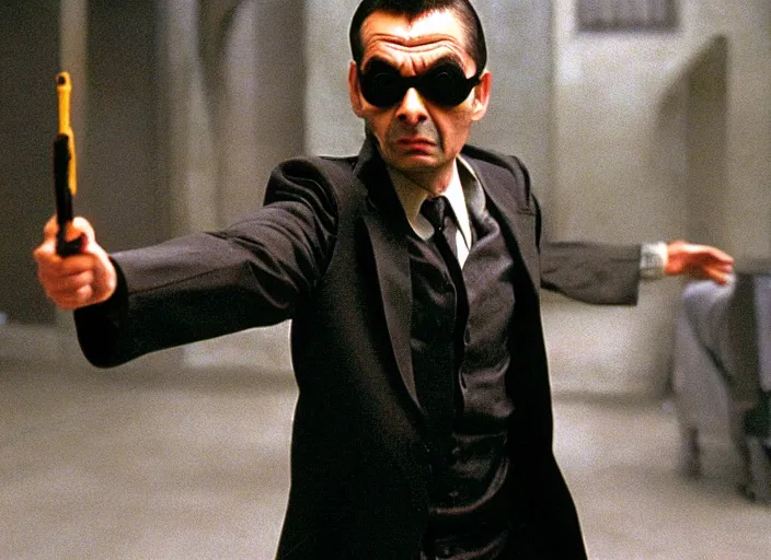 Image similar to hyper realistic, production still of mr. bean playing neo in matrix ( 1 9 9 9 ), 4 k, highly detailed, anamorphic