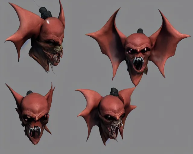 Prompt: 3d sculpt of a clown faced bat head with huge bat wings for ears, skull, artstation, digital illustration, league of legends, dark souls