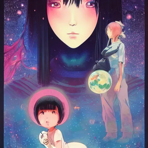 Image similar to A cosmic girl with big and cute eyes, holding the earth || VERY ANIME, fine-face, realistic shaded perfect face, fine details. Anime. realistic shaded lighting poster by Ilya Kuvshinov katsuhiro otomo ghost-in-the-shell, magali villeneuve, artgerm, Jeremy Lipkin and Michael Garmash, Rob Rey and Kentarõ Miura style, trending on art station