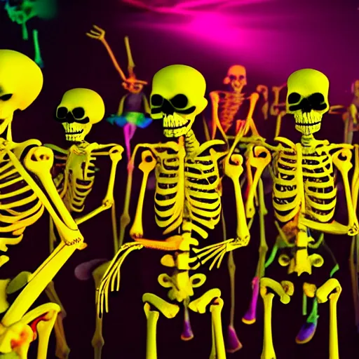 Image similar to photo, a giant crowd of realistic anatomically correct claymation skeletons dancing sensually and cool inside a colorful futuristic night club, colorful dramatic unique lighting