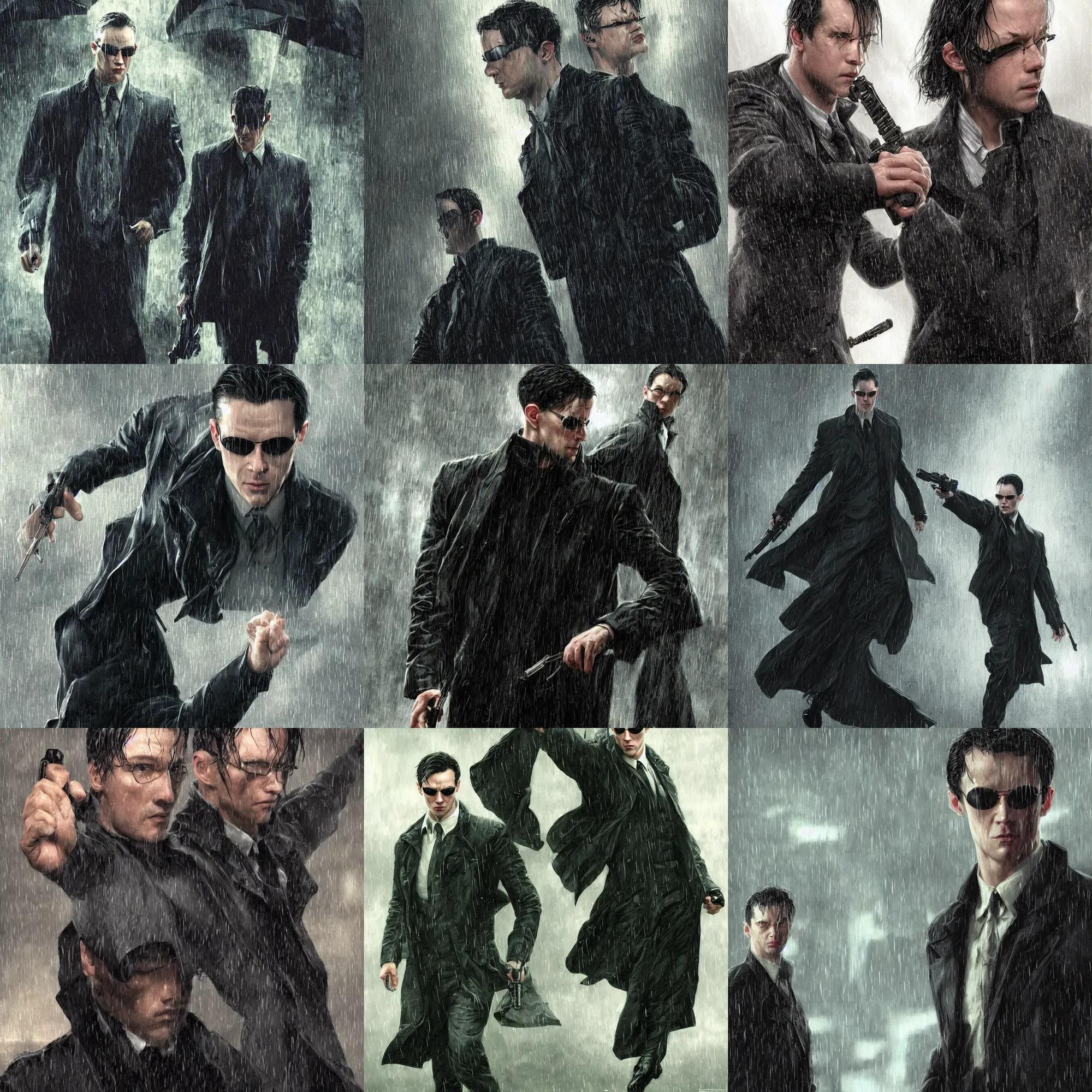 Prompt: Mr. Anderson from the matrix movie, Mr. Anderson is fighting with thousand of agents in heavy rain, D&D, scifi, portrait, highly detailed, digital painting, artstation, concept art, sharp focus, illustration, art by artgerm and greg rutkowski and magali villeneuve and alphonse mucha,Lucas Graciano, digital art, steve argyle, peter Mohrbacher, Davi Blight, orientalism and bouguereau and Zdzislaw Beksinski