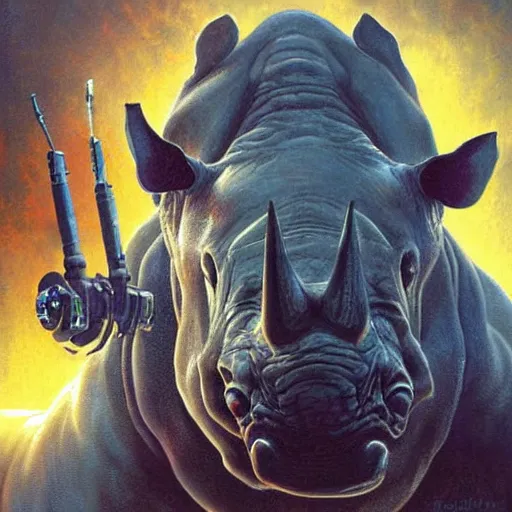 Prompt: realistic portrait beautiful painting of humanoid rhino mutate into a synthwave cyborg. horror, created by thomas kinkade.