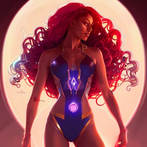 Image similar to symmetry!! intense fanart of starfire, intricate, elegant, highly detailed, my rendition, digital painting, artstation, concept art, smooth, sharp focus, illustration, art by artgerm and greg rutkowski and alphonse mucha