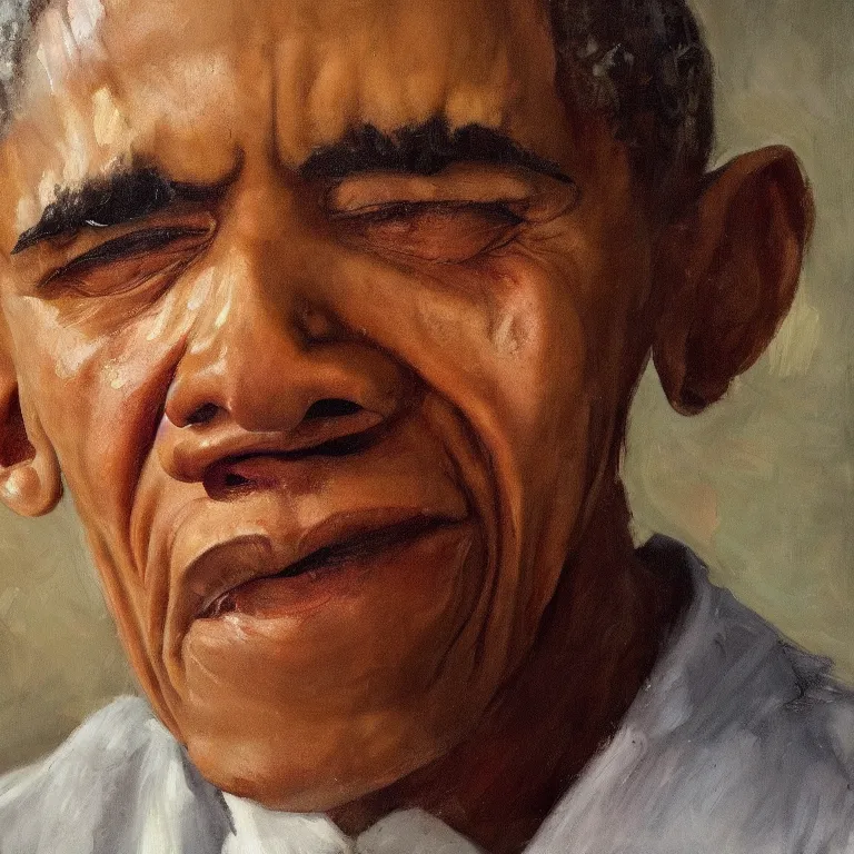 Image similar to warmly lit close up studio portrait of very old angry! Barack Obama age 115 angrily singing, impasto oil painting thick brushstrokes by Cy Twombly and Willem De Kooning , trending on artstation dramatic lighting Expressionism