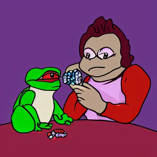 Image similar to someone forcing pepe to eat crystals