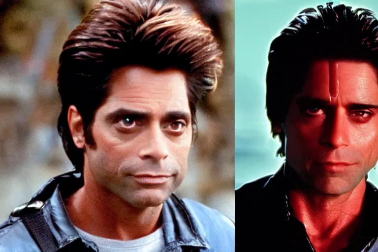 Image similar to uncle jesse from full house looks like a terminator, metal on his face, one red eye, movie still, from the movie terminator 2 judgement day, 8 k, cinematic lighting