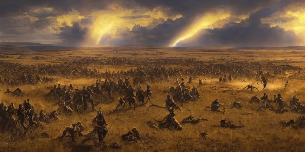 Prompt: image landscape portrait from the battle of little bighorn ( 1 8 7 6 ), majestic sweeping action, cinematic lighting, dramatic lighting, cinematic lighting, hyperdetailed, artstation, cgsociety, 8 k, 4 k, imax 7 0 mm