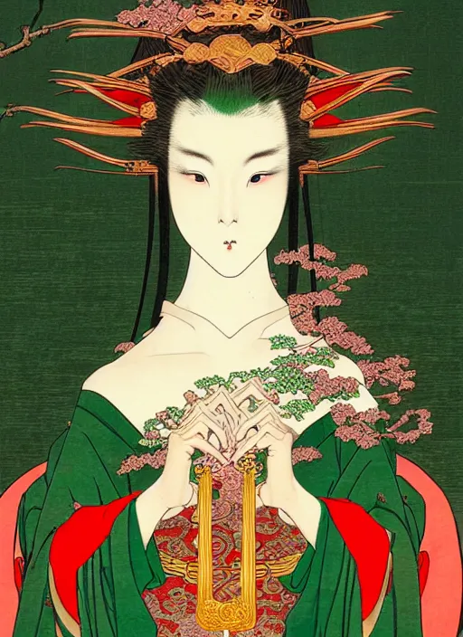 Prompt: a beautiful ukiyo - e portrait of a beautiful elven queen with long red hair, wearing green, red and gold ornate dress, golden intricate crown. detailed symmetrical close up portrait, intricate complexity, concept art, by takato yamamoto, wlop, krenz cushart. cinematic dramatic atmosphere, sharp focus