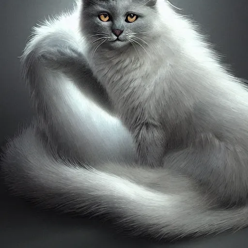 Image similar to a big bored gray cat with long fur and fluffy tail sitting, intricate, elegant, highly detailed, digital painting, artstation, concept art, matte, sharp focus, illustration, art by Artgerm and Greg Rutkowski and Alphonse Mucha