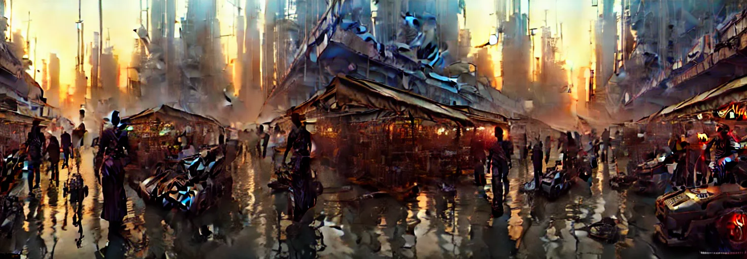 Image similar to steampunk cyberpunk city in a swamp, busy market, godrays, cinematic, poster art by weta studio, lucasfilm jesper ejsing, norman rockwell, mucha, ilya kuvshinov, greg rutkowski frank frazzeta on artstation