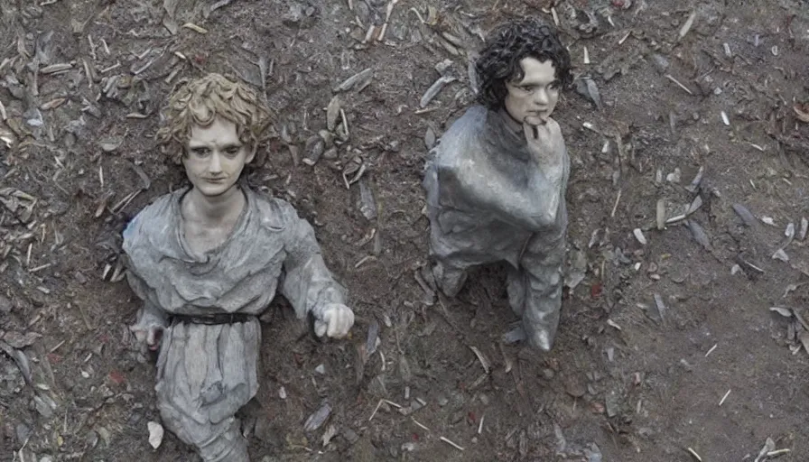 Image similar to tribute sculpture of elijah wood as frodo, cnn news footage taken from above.