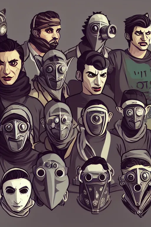 Image similar to 6 member from wolf gangs wear gray bandana, other people use wolf mask. pop art, pixel, bioshock infinite art style, gta chinatown wars art style, dynamic, face features, body features, ultra realistic, digital art, concept art, smooth, sharp focus, illustration, intricate, without duplication, elegant, confident posse