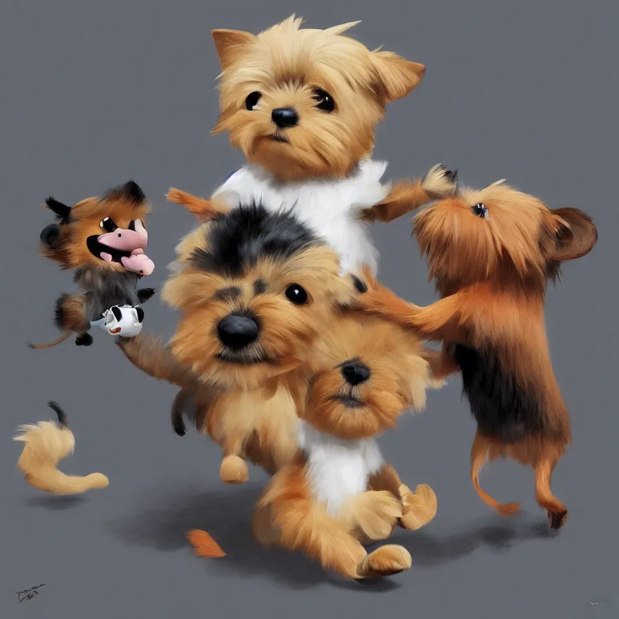 Image similar to Goro Fujita ilustration a very cute Yorkshire Terrier, with black and caramel fur, playing with a plush monkey toy, painting by Goro Fujita, sharp focus, highly detailed, ArtStation