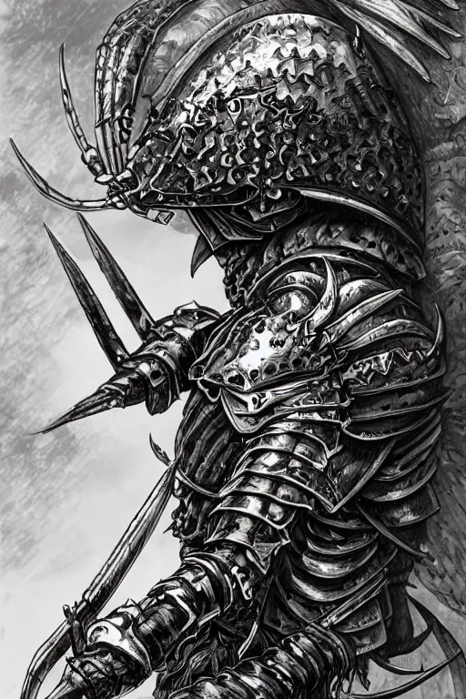 Image similar to human warrior, lobster themed armour, crab pinchers, symmetrical, highly detailed, digital art, needles, sharp focus, trending on art station, kentaro miura manga art style