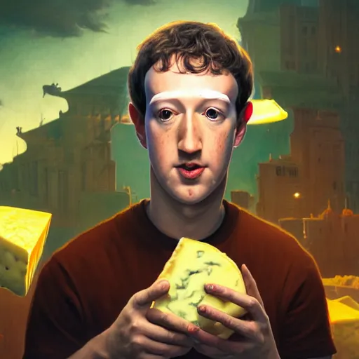 Image similar to mark zuckerberg eating an entire wheel of cheese, highly detailed vfx portrait, unreal engine, greg rutkowski, loish, rhads, caspar david friedrich, makoto shinkai and lois van baarle, ilya kuvshinov, rossdraws, elegent, tom bagshaw, alphonse mucha, global illumination, detailed and intricate environment.