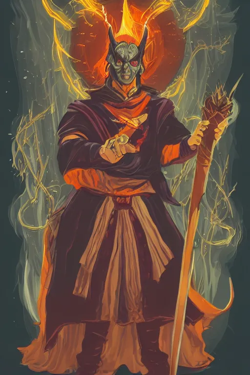 Image similar to Portrait of a devil that is a wizard casting a spell , wizard, medieval, sticker, colorful, casting epic spell, magic the gathering artwork, D&D, fantasy, artstation, heroic pose, illustration, highly detailed, simple, smooth and clean vector curves, no jagged lines, vector art, smooth